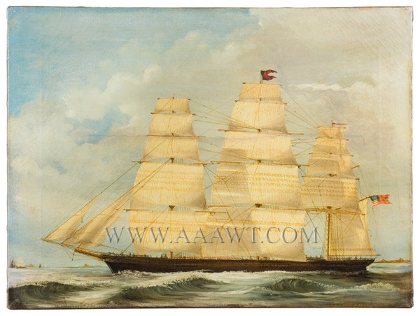 Marine Painting, Clipper Ship Portrait, Full Sail, American Flag, unsigned
Verso 'Built by Donald McKay' with additional information
Circa last half 19th Century, entire view